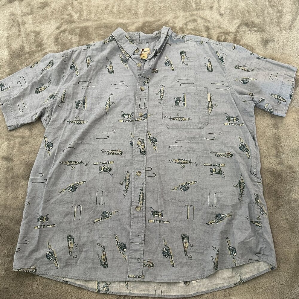 Woolrich Light Blue Hooks and Reels Cotton Button Up Shirt Men's XL Fishing